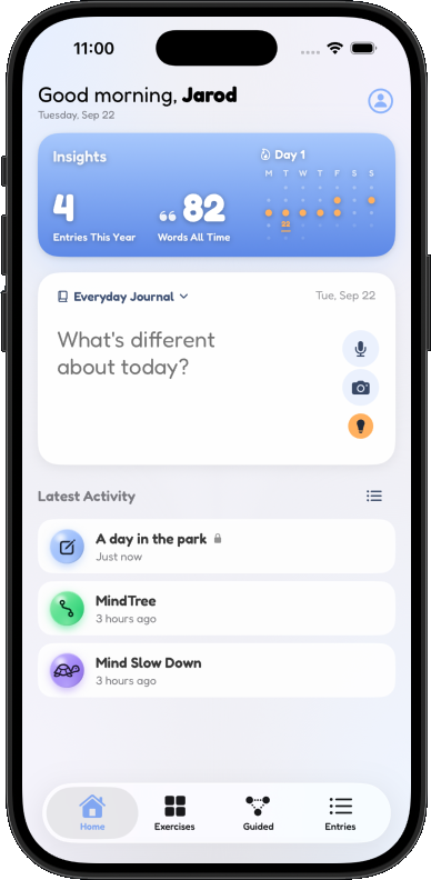 The mindspace home screen: a greeting, a card showing entries written and a month of journaled days, and a journal card asking 'What's different about today?'