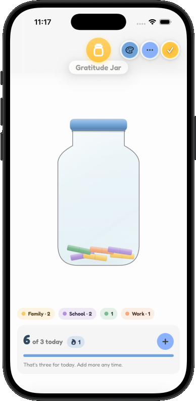 The Gratitude Jar: a glass jar holding several coloured paper slips, with category labels for Family, School and Work below it.